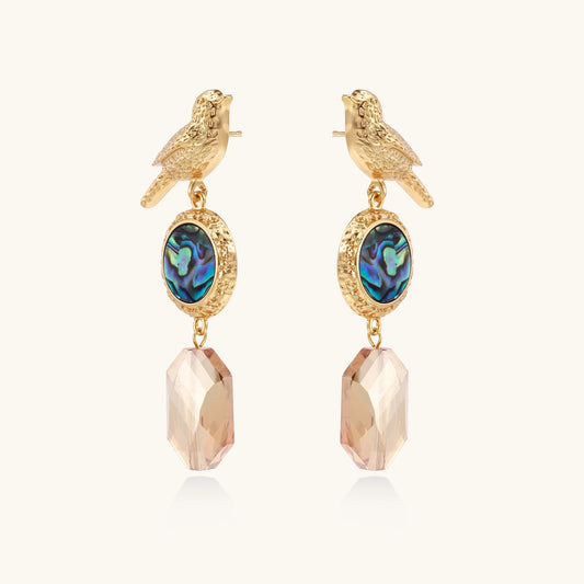 Gold-plated bird dangle earrings with iridescent abalone shell discs and champagne crystal drops on white background.