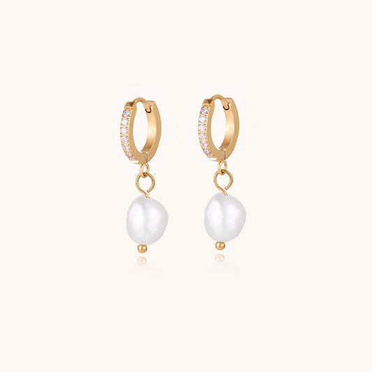 18K gold plated hoop earrings with freshwater pearl drops on neutral background, showing elegant minimalist design.